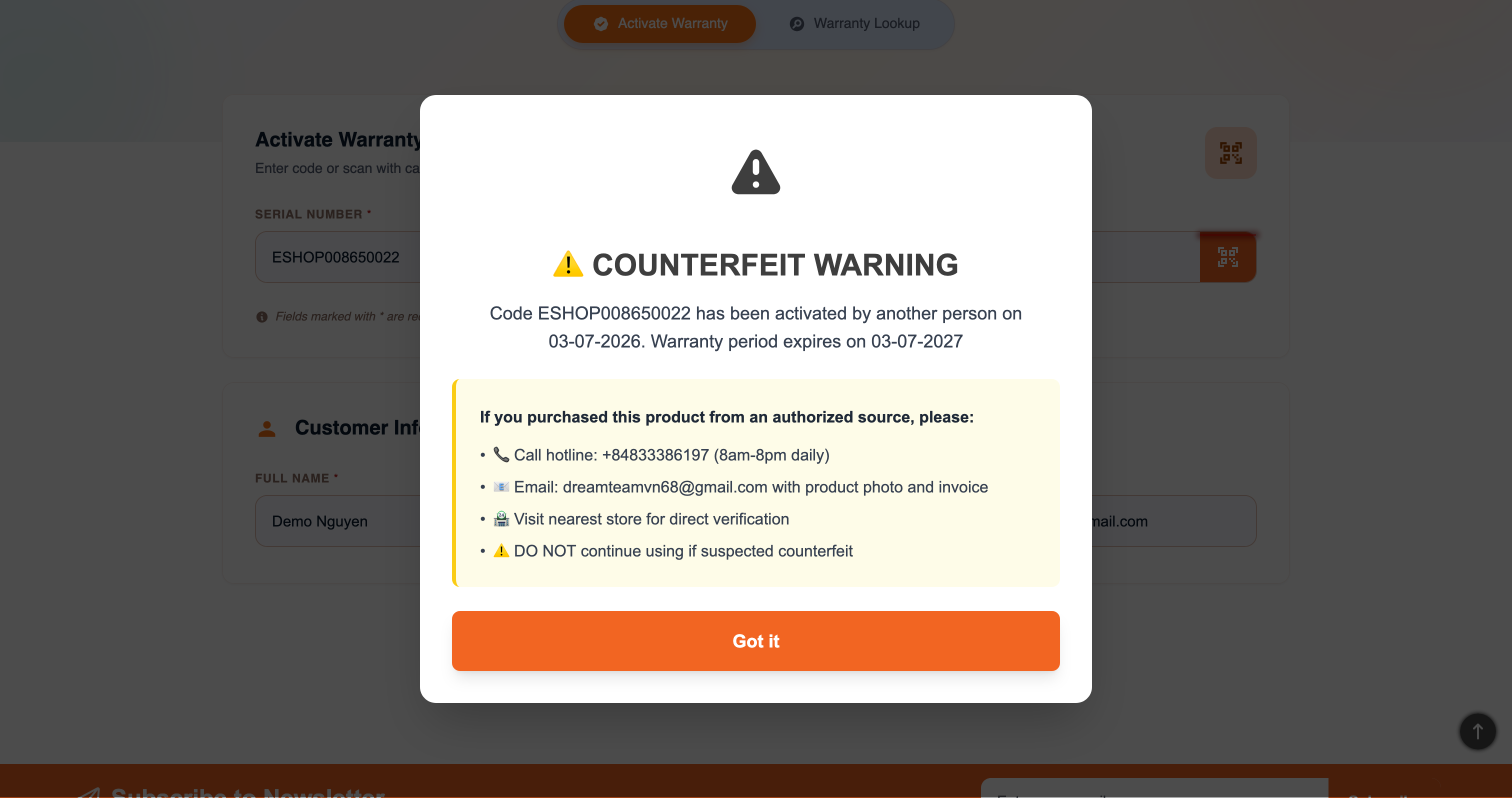 Counterfeit Alert — Threat Detected & Logged